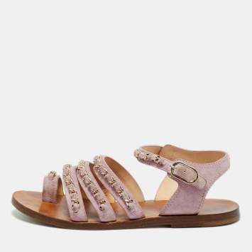 Pre Owned Chanel Purple Suede CC Chain Link Ankle Strap Flat Sandals Size 36