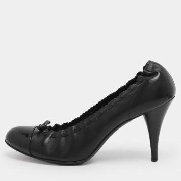 Pre Owned Chanel Black Leather Bow Pumps Size 38.5