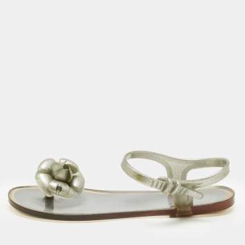 Pre Owned Chanel Metallic Silver Jelly Camellia Ankle Strap Sandals Size 38