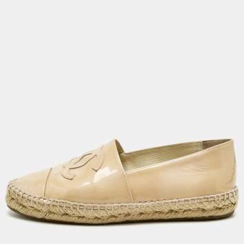 Pre Owned Chanel Beige Patent Leather CC Cap Toe Espadrille Flats Size 38