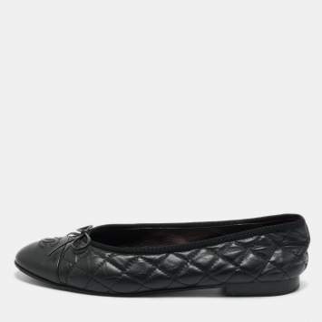 Pre Owned Chanel Black Leather CC Cap Toe Bow Ballet Flats Size 40.5