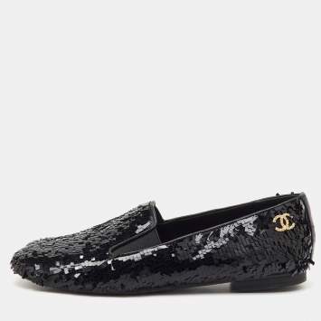 Pre Owned Chanel Black Sequins CC Smoking Slippers Size 37.5