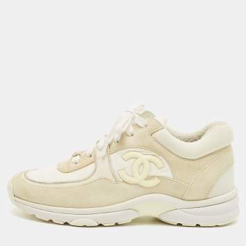 Pre Owned Chanel White Fabric and Suede CC Lace Up Sneakers Size 38.5