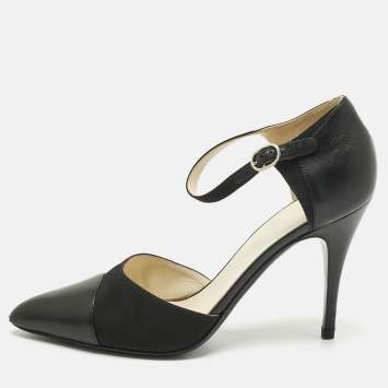 Pre Owned Chanel Black Leather and Canvas Pointed Toe Ankle Strap Pumps Size 40