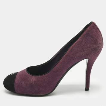 Pre Owned Chanel Purple/Black Suede Platform Cap Toe Pumps Size 41.5
