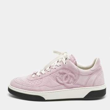 Pre Owned Chanel Pink Suede CC Low Top Sneakers Size 38
