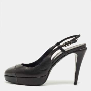 Pre Owned Chanel Black Leather Cap Toe  Slingback Pumps Size 39.5
