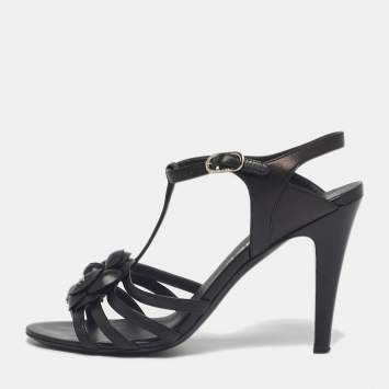 Pre Owned Chanel Black Leather Camellia Ankle Strap Sandals Size 37.5