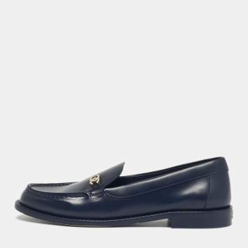 Pre Owned Chanel Navy Blue Leather CC Logo Slip On Loafers Size 38