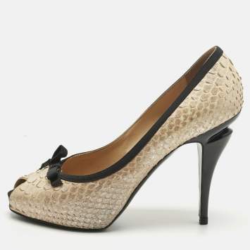 Pre Owned Chanel Metallic Black/Beige Python Leather Peep Toe Pumps Size 40