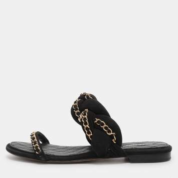Pre Owned Chanel Black Suede Chain Embellished Flat Slides Size 36