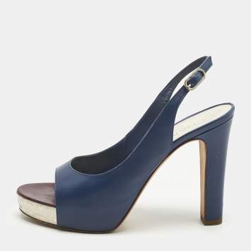 Pre Owned Chanel Navy Blue Leather CC Open Toe Platform Slingback Pumps Size 38