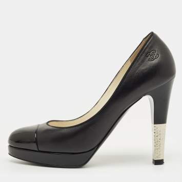 Pre Owned Chanel Black Leather and Patent Leather CC Cap Toe Platform Pumps Size 38