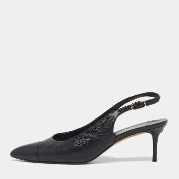 Pre Owned Chanel Black Leather CC Cap toe Slingback Pumps Size 40.5