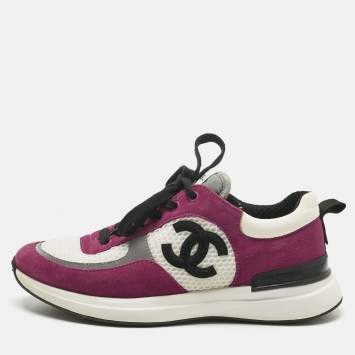 Pre Owned Chanel Purple/Purple Suede And Mesh CC Lace Up Sneakers Size 38