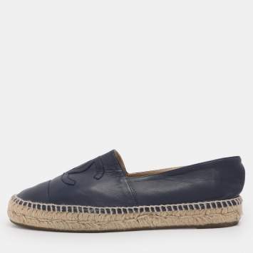 Pre Owned Chanel Blue Leather CC Cap Toe Espadrille Flats Size 40