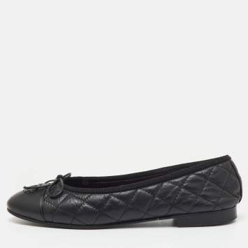 Pre Owned Chanel Black Quilted Leather CC Cap Toe Bow Ballet Flats Size 36.5