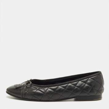 Pre Owned Chanel Black Cannage Leather CC Cap Ballet Flats Size 40