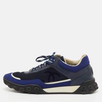 Pre Owned Chanel Navy Blue/White Leather, Neoprene and Mesh CC Low Top Sneakers Size 40