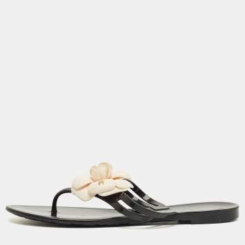 Pre Owned Chanel Black and White Jelly Camellia Thong Sandals Size 39