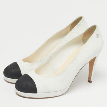 Chanel Beige/Black Canvas and Leather CC Slingback Pumps Size