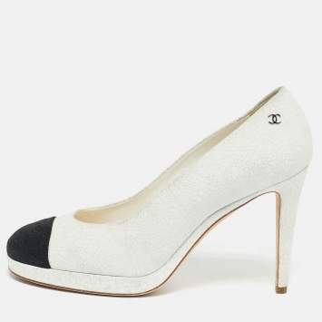 Pre Owned Chanel White/Black Nubuck Leather Platform Pumps Size 40.5