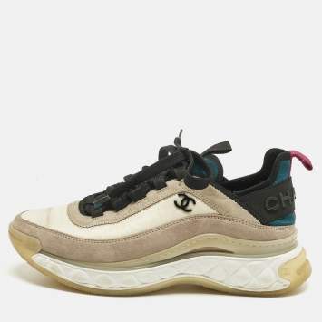 Pre Owned Chanel Multicolor Suede and Nylon CC Lace Up Sneakers Size 38