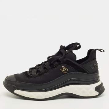 Chanel White/Black Perforated Leather Logo Low Top Sneakers Size