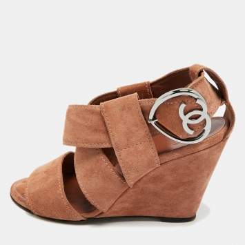 Pre Owned Chanel CC Size 36.5 Brown Suede Ankle Strap Wedge Sandals