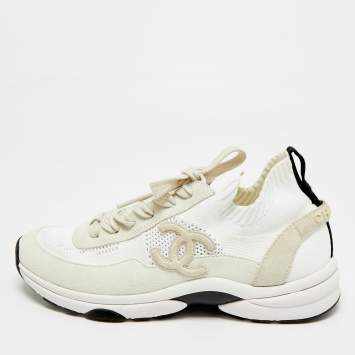 Pre Owned Chanel CC Size 39.5 White/Black Knit Fabric Sneakers