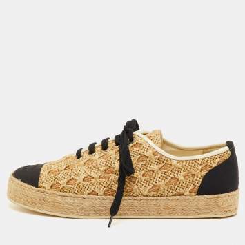 Pre Owned Chanel CC Size 39 Beige Fabric and Raffia Lace Up Espadrilles Sneakers