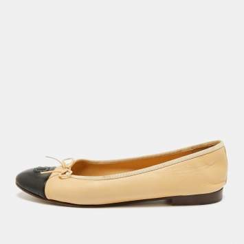 Pre Owned Chanel CC Size 40 Beige Leather Cap Toe Bow Ballet Flats