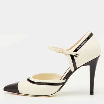 Pre Owned Chanel Size 40 Off White/Black Leather and Patent Leather Pointed Cap Toe Ankle Strap Pumps