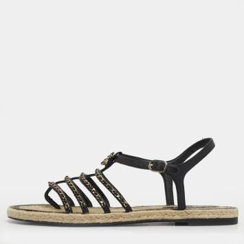 Pre Owned أحذية إسبادريل شانيل سي سي جلد أسود بشريط سلسلة مقاس 41