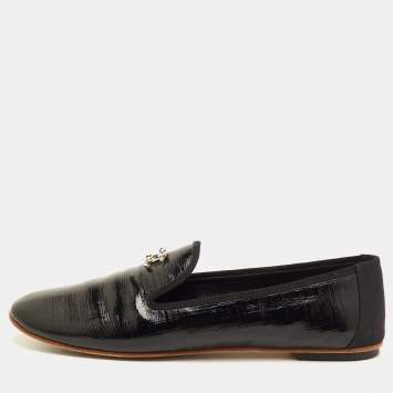 مملوكة مسبقًا حذاء سليبرز شانيل سموكينغ سي سي جلد لامع أسود مقاس 40.5