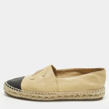 Pre Owned Chanel CC Size 39 Beige/Black Leather Espadrille Flats