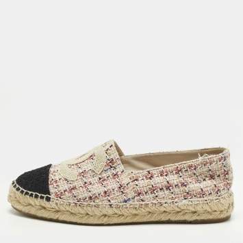 Pre Owned Chanel CC Size 36 Multicolor Fabric and Tweed Cap Toe Espadrille Flats
