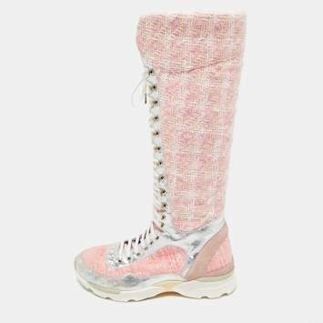 Pre Owned Chanel Size 40 Pink/Silver Leather and Tweed Leather Knee High Top Sneaker Boots 