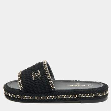 مملوكة مسبقًا Chanel CC logo Size 38 Black Knit Fabric Flat Slide