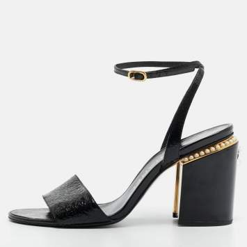 Pre Owned Chanel Size 41 Black Leather  CC Pearl Embellished Ankle Strap Sandals