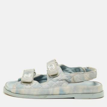Pre Owned Chanel Dad Size 39.5 Blue/White Washed Suede CC Ankle Strap Sandals