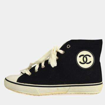 Pre Owned Chanel High Cut Sneakers String Shoes Black White #38