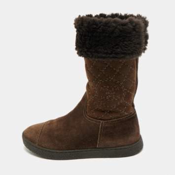 Pre Owned Chanel Size 36.5 Brown Quilted Suede Mid Calf Boots 