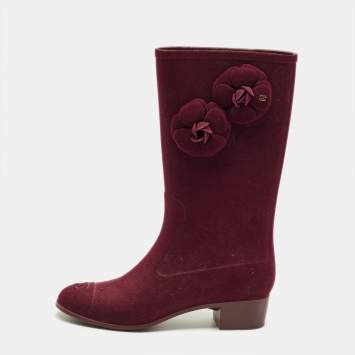 Pre Owned Chanel Burgundy Size 40 Velvet Camellia Embellished CC Rain Boots 