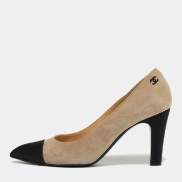 Pre Owned حذاء كعب عالي شانيل جلد نوبوك أسود/بيج مقدمة مغطاة مقاس 37.5