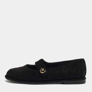 Pre Owned Chanel CC Size 36.5 Black Suede Mary Jane Ballet Flats