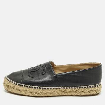 Pre Owned Chanel CC Size 38 Black Leather Cap Toe Espadrille Flats