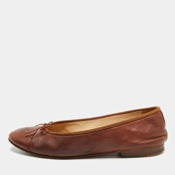 Pre Owned Chanel CC Size 37.5 Brown Leather Cap Toe Bow Ballet Flats