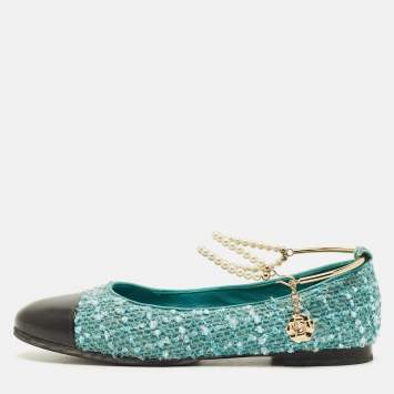 Pre Owned Chanel Size 37.5 Blue Leather and Tweed Ankle Chain with Faux Pearls Ballet Flats