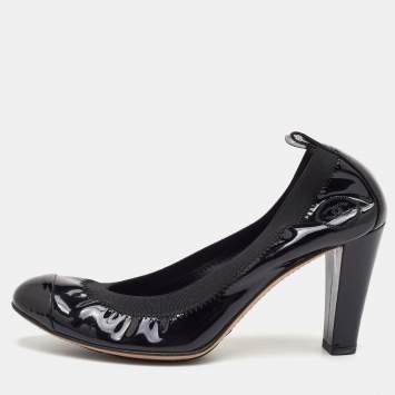 Pre Owned Chanel CC Size 37 Black Patent Leather Cap Toe Scrunch Pumps